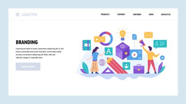 Vektör web sitesi tasarım şablonu. Marka, dijital pazarlama ve şirket kimliği. Marka iş. Web sitesi ve mobil geliştirme için açılış sayfası kavramları. Modern düz illüstrasyon