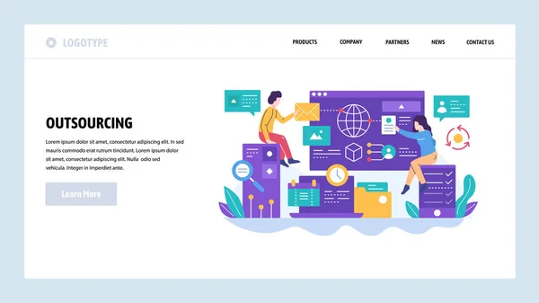 Modello di design del sito web vettoriale. Outsourcing e sviluppo software. Team che lavora con un nuovo progetto. Concetti di Landing page per lo sviluppo di siti web e dispositivi mobili. Illustrazione piatta moderna — Vettoriale Stock