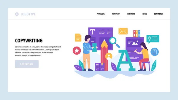 Plantilla de diseño del sitio web del vector. Artículo de prensa, prensa y periodista, escritor, copywriter, tipografía. Conceptos de landing page para desarrollo web y móvil. Ilustración plana moderna — Archivo Imágenes Vectoriales
