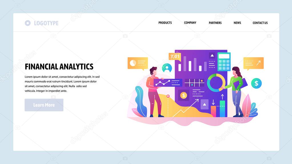 Vector web site design template. Financial analytics and business report, data research and finance charts. Landing page concepts for website and mobile development. Modern flat illustration