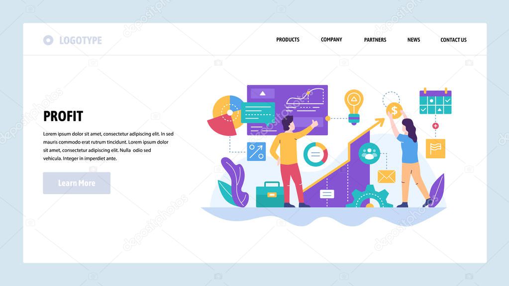 Vector web site design template. Financial analysis, business growth, finance charts. Landing page concepts for website and mobile development. Modern flat illustration