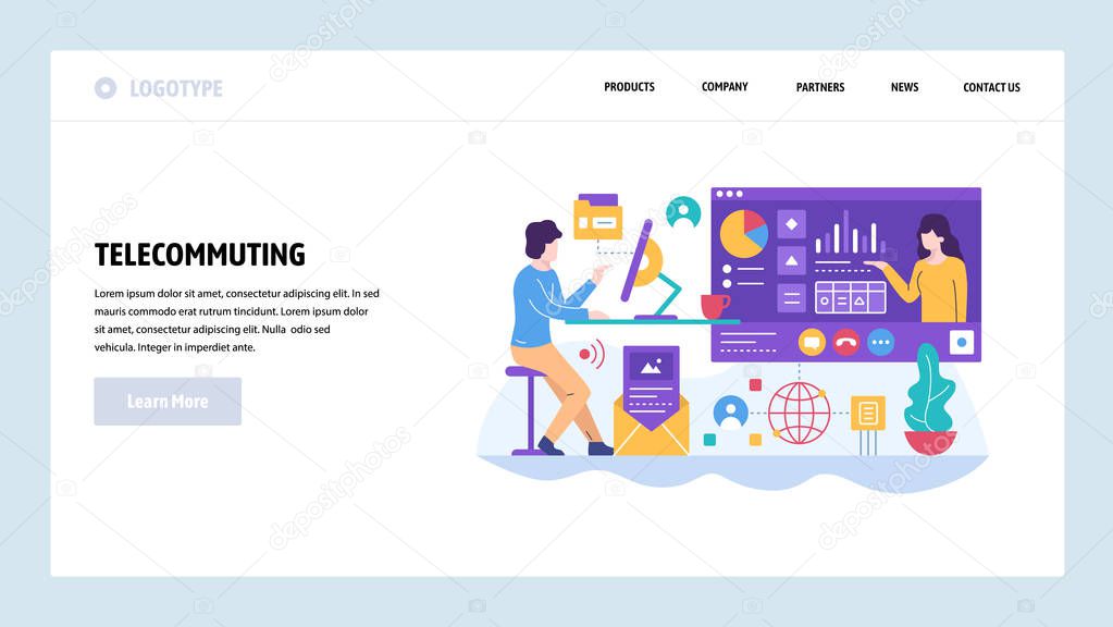 Vector web site design template. Telecommuting, home office, remote business office, work at home. Landing page concepts for website and mobile development. Modern flat illustration