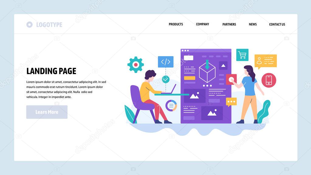 Vector web site design template. Software development, programmer and software architect coding an application. Landing page concepts for website and mobile development. Modern flat illustration
