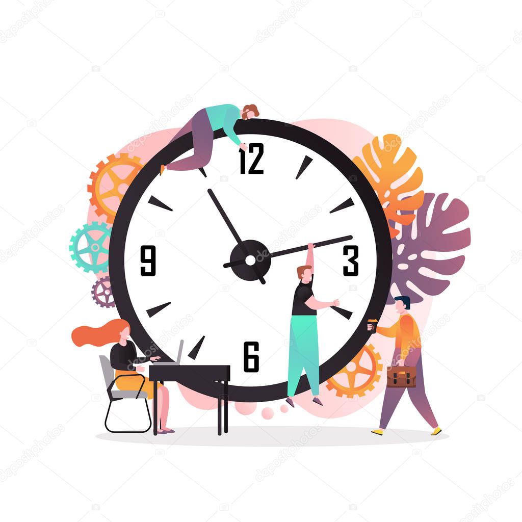 Vector illustration of big clock and man holding clock hand while taking coffee. Time management, process of planning and organization of working time, deadline concepts for web banner, website page.