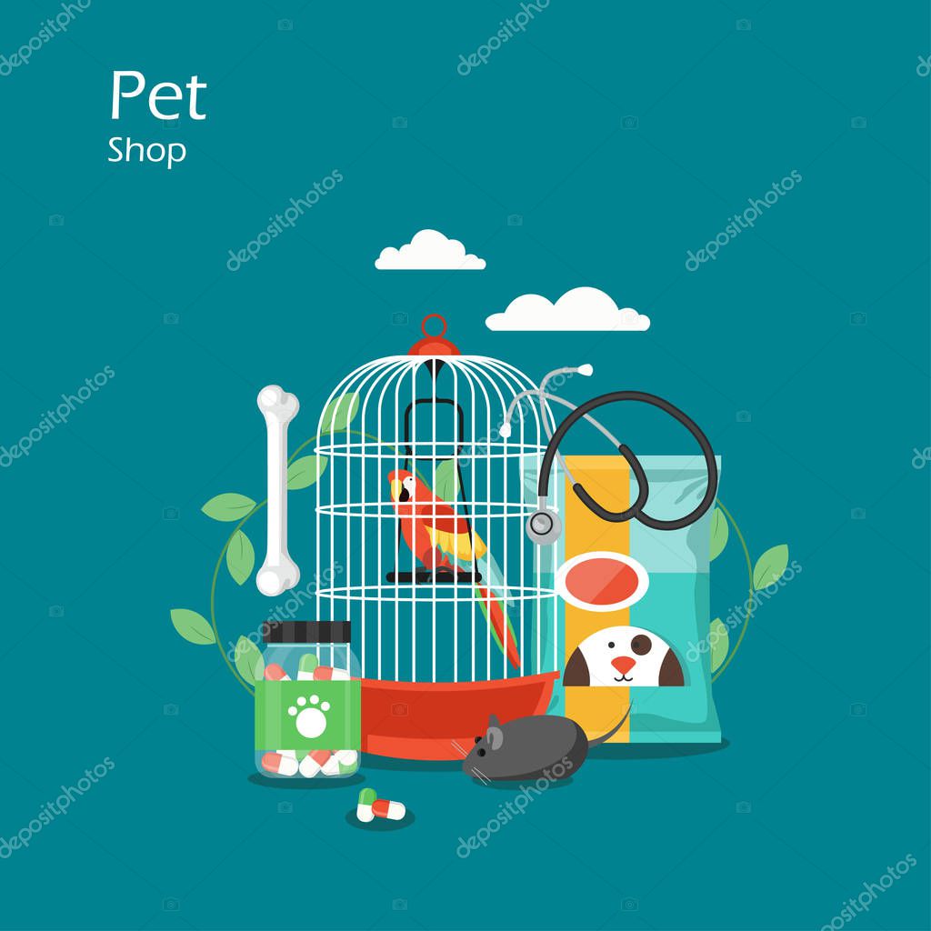 Pet shop vector flat style design illustration. Parrot in cage, dog food, bone, mouse toy, vet stethoscope, pill bottle. Animal supplies and pet accessories composition for web banner, website page.