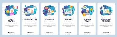 Mobil app onboarding ekranlar. Okul ve kolej eğitim, sınav, oturum zaman hile. Menü vektör banner Şablon Web sitesi ve mobil geliştirme için. Düz tasarlamak Web sitesi
