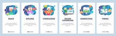 Mobil app onboarding ekranlar. Öğrenci mezuniyet, amigo, online eğitim, okuldan eve. Menü vektör banner Şablon Web sitesi ve mobil geliştirme için. Düz tasarlamak Web sitesi