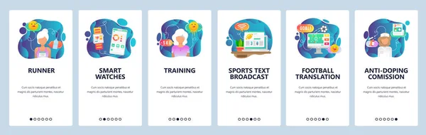 Mobil app onboarding képernyők. Sport, runner, hordozható szerkentyű, képzés, sport Hírek és játékokat sugároznak. Menü vektor banner sablon weboldal és mobil fejlesztés. Webhely lapos illusztráció — Stock Vector