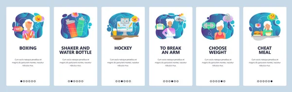 Mobile app onboarding screens. Sport and healthy lifestyle, boxing, ice hockey, sport injury. Menu vector banner template for website and mobile development. Web site design flat illustration — Stock Vector