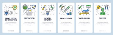 Mobil app onboarding ekranlar. Diş Bakımı, diş implant, diş hekimi doktor ve sağlık sigortası. Menü vektör banner Şablon Web sitesi ve mobil geliştirme için. Düz tasarlamak Web sitesi