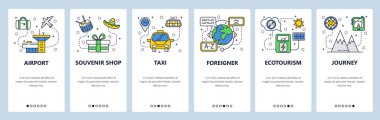Mobil app onboarding ekranlar. Simgeler, Havaalanı, taksi, dağ yolculuk seyahat. Menü vektör banner Şablon Web sitesi ve mobil geliştirme için. Düz tasarlamak Web sitesi