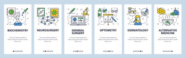 Mobil app onboarding ekranlar. İlaç ve hastane simgeler, laboratuvar, cerrahi, Optometri, otlar. Menü vektör banner Şablon Web sitesi ve mobil geliştirme için. Düz tasarlamak Web sitesi