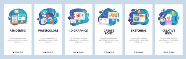 Mobil app onboarding ekranlar. Dijital sanat ve suluboya resim, 3d render, çizim, yazı tipi. Menü vektör banner Şablon Web sitesi ve mobil geliştirme için. Düz tasarlamak Web sitesi
