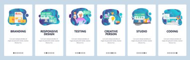 Mobil app onboarding ekranlar. Dijital pazarlama, marka ve tasarım stüdyosu, yaratıcılık. Menü vektör banner Şablon Web sitesi ve mobil geliştirme için. Düz tasarlamak Web sitesi