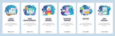 Mobil app onboarding ekranlar. Web geliştirme, moda tasarım, Mobil fotoğraf düzenleme. Menü vektör banner Şablon Web sitesi ve mobil geliştirme için. Düz tasarlamak Web sitesi