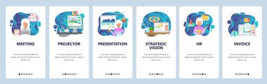 Mobil app onboarding ekranlar. İş strateji ve vizyon, mali rapor ve sunum, fatura. Menü vektör banner Şablon Web sitesi ve mobil geliştirme için. Web sitesi düz illüstrasyon