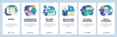 Mobil app onboarding ekranlar. Qr kod Internet security, güvenli erişim, şifreleme, şifre. Menü vektör banner Şablon Web sitesi ve mobil geliştirme için. Düz tasarlamak Web sitesi