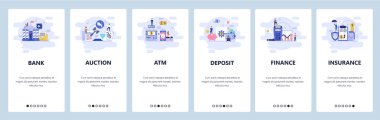 Mobil app onboarding ekranlar. Bankacılık ve Finans Hizmetleri, açık artırma, atm, mevduat hesabı, sigorta tasarruf. Vektör banner Şablon Web sitesi ve mobil geliştirme için. Web sitesi düz illüstrasyon
