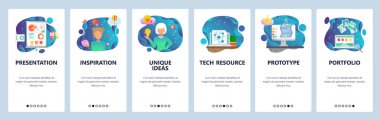 Mobil app onboarding ekranlar. Mali sunum, benzersiz fikirleri ve yaratıcılığı, bilgisayar çipi prototip. Vektör banner Şablon Web sitesi ve mobil geliştirme için. Web sitesi düz illüstrasyon