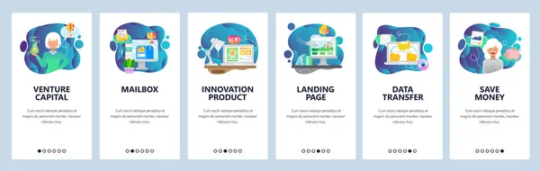 Schermi di onboarding delle app mobili. venture capitalist femminile, investimenti, startup, casella di posta elettronica, sincronizzazione dei dati e landing page. Modello di banner vettoriale per lo sviluppo mobile del sito web. Illustrazione del sito web — Vettoriale Stock