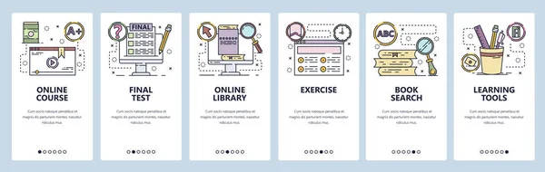 Mobile App auf den Bildschirmen. Online-Bildung, Kurse, Schule, Bücherei. Menü-Vektor-Banner-Vorlage für Website und mobile Entwicklung. web site design flache Illustration — Stockvektor