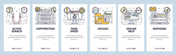 Mobile app onboarding screens. Files upload, copywriting, online support chat, help service. Menu vector banner template for website and mobile development. Web site design flat illustration