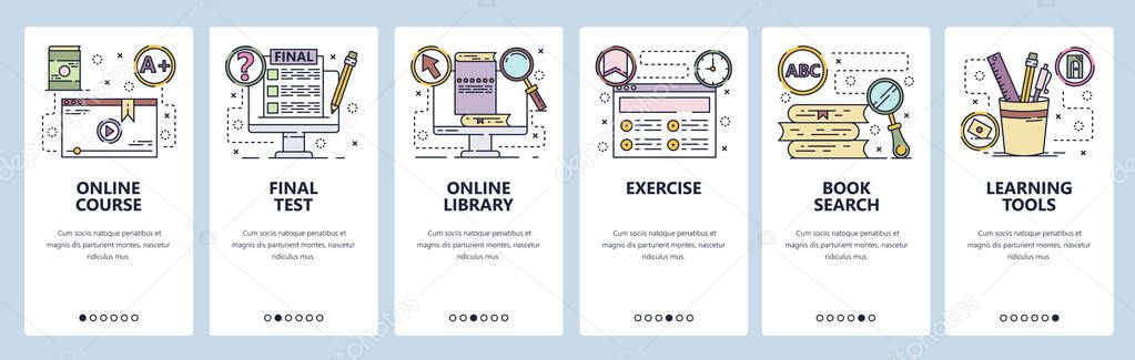 Mobile app onboarding screens. Online education, courses, school, book library. Menu vector banner template for website and mobile development. Web site design flat illustration