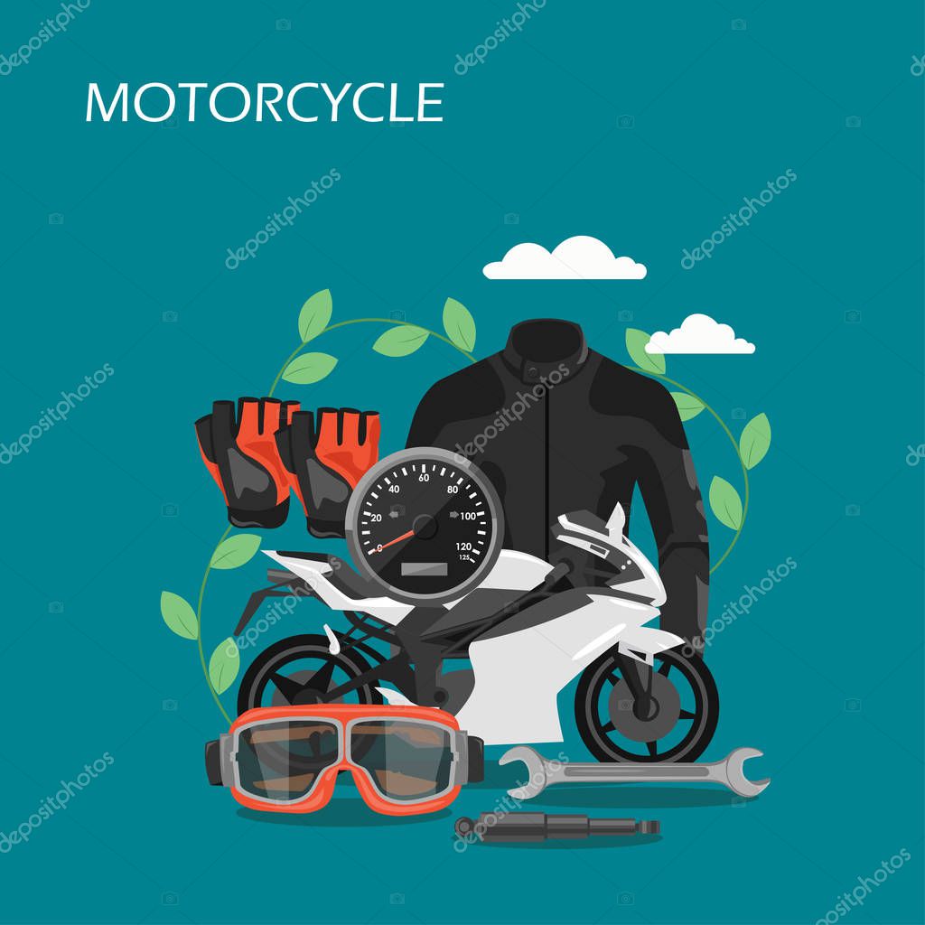Motorcycle vector flat illustration. Motorbike, goggles, gloves, jacket, speedometer, wrench, shock-absorber. Motorcycle spare parts and protective gear for web banner, website page etc.