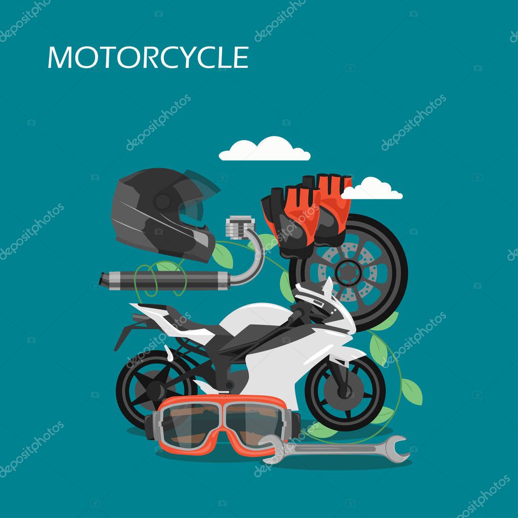 Motorcycle vector flat illustration. Motorbike, helmet, glasses, gloves, exhaust system, wheel, wrench. Motorcycle spare parts and protective gear composition for web banner, website page etc.