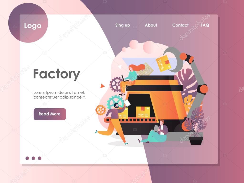 Factory vector website template, web page and landing page design for website and mobile site development. Factory automation, pick and place robots concepts.
