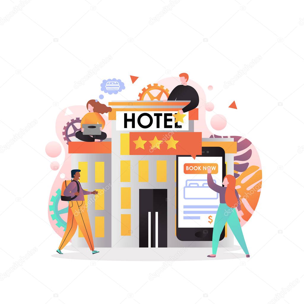 Vector illustration of hotel building, woman booking room using mobile phone app, traveler with backpack. Online hotel reservation concept for web banner, website page etc.