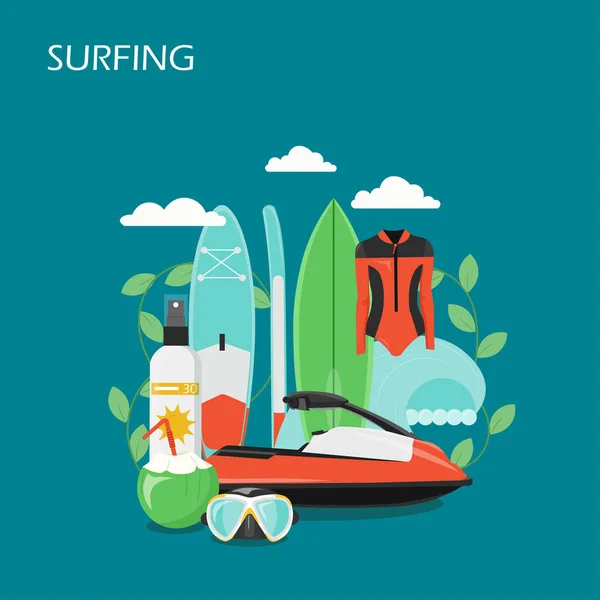 Surfing equipment vector flat style design illustration — Stock Vector