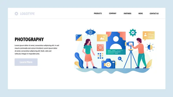 Plantilla de diseño del sitio web del vector. Estudio de fotografía, servicio de fotografía, cámara digital. Conceptos de landing page para desarrollo web y móvil. Ilustración plana moderna — Vector de stock