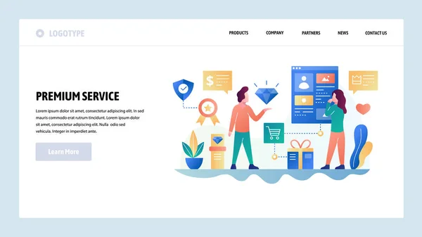 Векторний шаблон дизайну веб-сайту. Обслуговування клієнтів преміум якості. Підтримка інтернет-магазину. Концепції цільової сторінки для веб-сайту та мобільного розвитку. Сучасна плоска ілюстрація — стоковий вектор