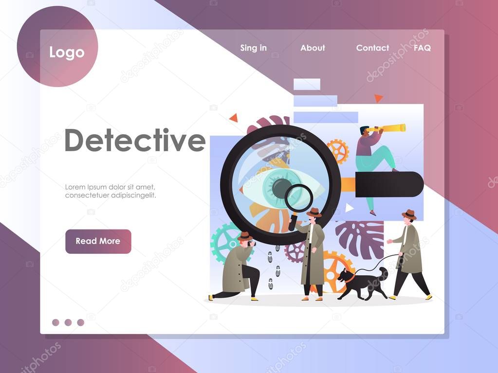 Detective vector website template, web page and landing page design for website and mobile site development. Private detective services concept.