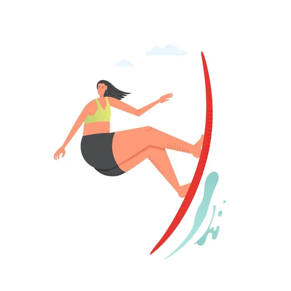 Fille surfant sur la vague, illustration vectorielle de conception de style plat — Image vectorielle