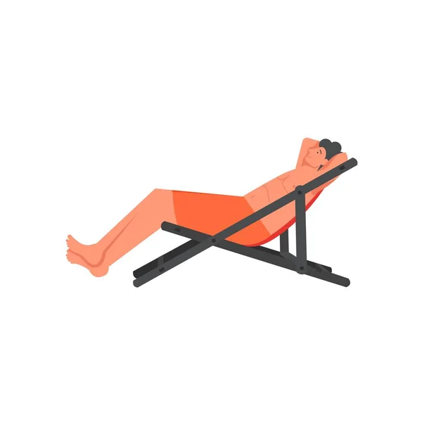 長椅子に日光浴をする男、ベクトルフラットスタイルのデザインイラスト — ストックベクタ