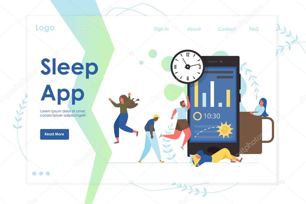 Sleep app vector website template, web page and landing page design for website and mobile site development. Sleep tracker application concept with big smartphone and tiny characters.