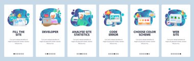 Mobil uygulama onboarding ekranları. Web geliştirme ve kodlama. Kadın programcı, site trafik analizleri. Menü vektör Banner Web sitesi ve mobil geliştirme için şablon. Web sitesi tasarım düz illüstrasyon