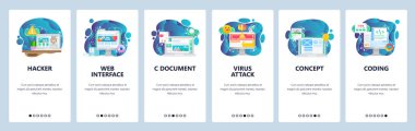 Mobil uygulama onboarding ekranları. Web ve yazılım geliştirme. Siber güvenlik, kodlama, virüs saldırısı. Menü vektör Banner Web sitesi ve mobil geliştirme için şablon. Web sitesi tasarım düz illüstrasyon