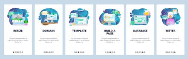 Mobil uygulama onboarding ekranları. Görüntü yeniden boyutlandırma, www etki alanı internet, şablon, veritabanı. Menü vektör Banner Web sitesi ve mobil geliştirme için şablon. Web sitesi tasarım düz illüstrasyon