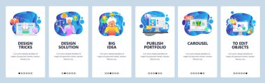 Mobil uygulama onboarding ekranları. Tasarım çözümleri, yaratıcı fikir, portföy. Menü vektör Banner Web sitesi ve mobil geliştirme için şablon. Web sitesi tasarım düz illüstrasyon