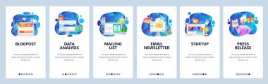 Mobil uygulama onboarding ekranları. Dijital pazarlama, e-posta bülteni, veri analizi, iş başlatma. Menü vektör Banner Web sitesi ve mobil geliştirme için şablon. Web sitesi tasarım düz illüstrasyon