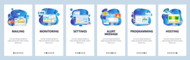 Mobil uygulama onboarding ekranları. Dijital pazarlama, uyarı mesajı, posta, barındırma. Menü vektör Banner Web sitesi ve mobil geliştirme için şablon. Web sitesi tasarım düz illüstrasyon