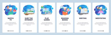Mobil uygulama onboarding ekranları. Sinema, kitap okuma, oyun oynamak, Zen meditasyonu. Menü vektör Banner Web sitesi ve mobil geliştirme için şablon. Web sitesi tasarım düz illüstrasyon