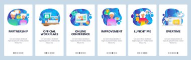 Mobil uygulama onboarding ekranları. İş ve Ofis İşyeri, Çift ortaklık, online conferenc. Menü vektör Banner Web sitesi ve mobil geliştirme için şablon. Web sitesi tasarım düz illüstrasyon