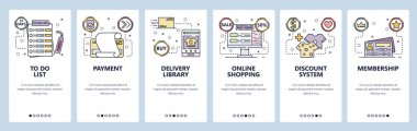 Mobil uygulama onboarding ekranları. Online alışveriş, ödeme, yapılacaklar listesi, indirim kartı, teslimat. Menü vektör Banner Web sitesi ve mobil geliştirme için şablon. Web sitesi tasarım düz illüstrasyon