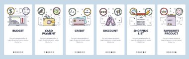 Mobil uygulama onboarding ekranları. Online alışveriş, kredi kartı ödeme, indirim ve fiyat etiketi. Menü vektör Banner Web sitesi ve mobil geliştirme için şablon. Web sitesi tasarım düz illüstrasyon