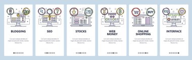 Mobil uygulama onboarding ekranları. SEO ve dijital pazarlama, online alışveriş, Web para. Menü vektör Banner Web sitesi ve mobil geliştirme için şablon. Web sitesi tasarım düz illüstrasyon