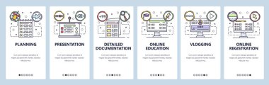 Mobil uygulama onboarding ekranları. Online eğitim, iş planlama ve sunum, vlog. Menü vektör Banner Web sitesi ve mobil geliştirme için şablon. Web sitesi tasarım düz illüstrasyon